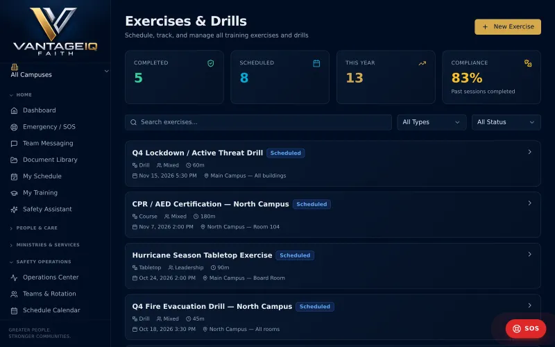 A list of scheduled drills and training events
