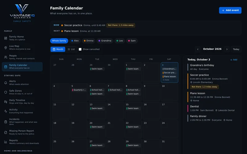 A month calendar with family events and a list for today