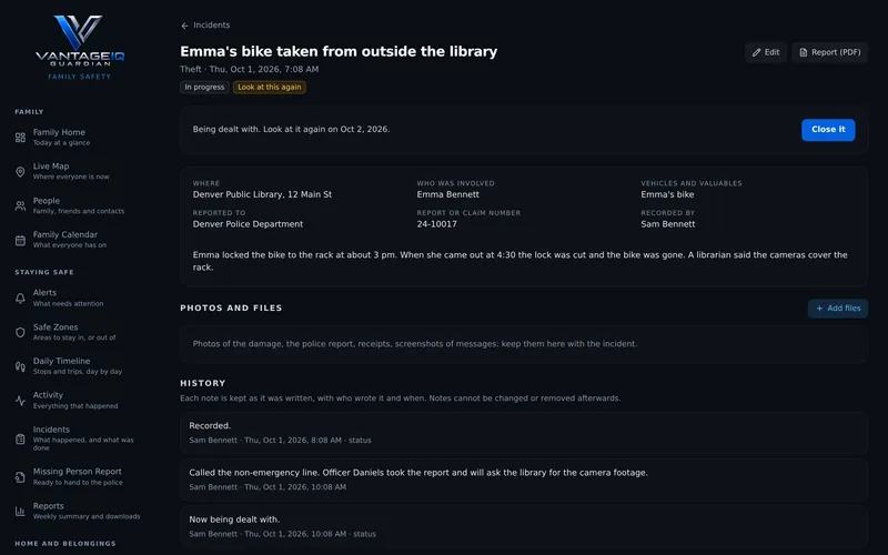 An incident about a stolen bike, with its details and a dated history of notes