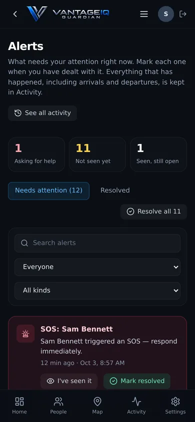 Alerts on a phone, with an SOS at the top