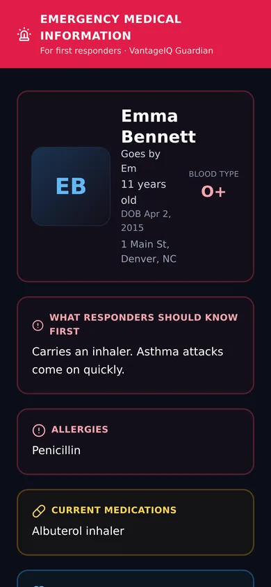 Emergency medical information for one person: allergies, medications and what responders should know