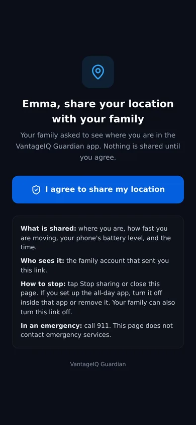 A page asking one person to agree to share their location, with what is shared and how to stop