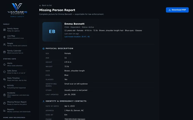 A report page with a person's picture, physical description and emergency contacts