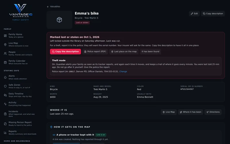 A bike marked lost or stolen, with theft mode on and a police report button