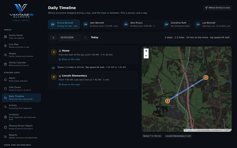 A day's stops and trips listed beside a map of the route