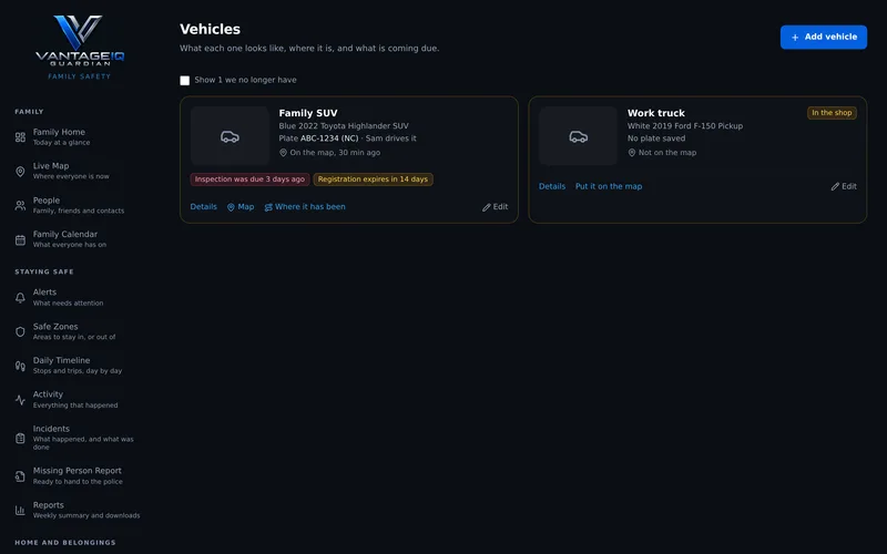 Two vehicles with pictures, plates and upcoming dates