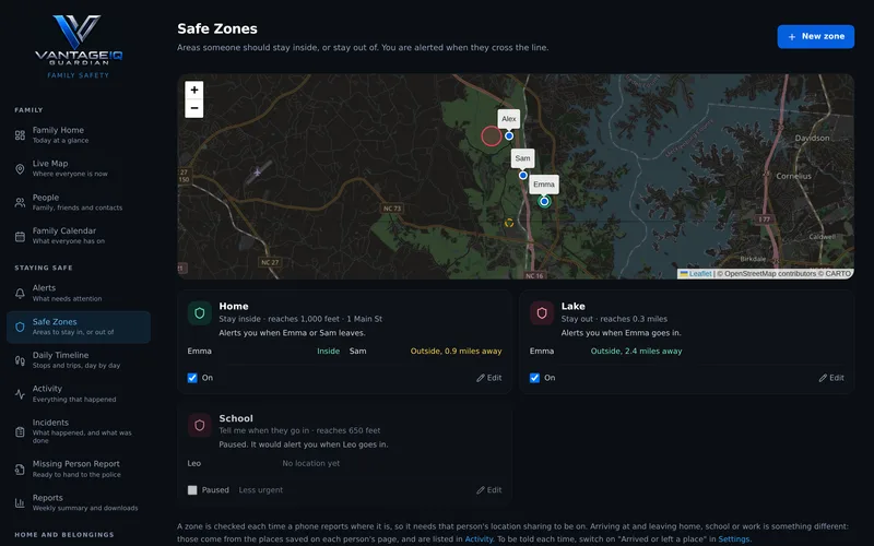 A map with safe zones drawn on it and a list of the zones below
